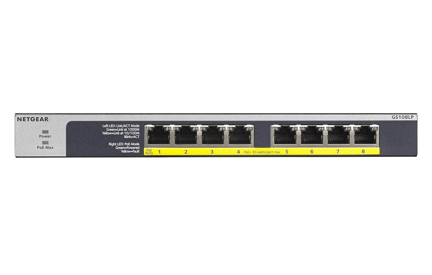 Netgear GS108LP 8-Port Gigabit Ethernet PoE+ Unmanaged Switch with FlexPoE | 60W PoE Budget | Desktop / Rackmount Netgear GS108LP 8-Port Gigabit Ethernet PoE+ Unmanaged Switch with FlexPoE | 60W PoE Budget | Desktop / Rackmount